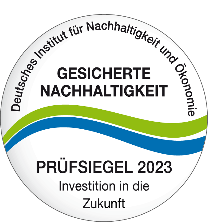 Gesichertes Prüfsiegel 2023. Deutsches Institut für Nachhaltigkeit und Ökonomie. Investition in die Zukunft.